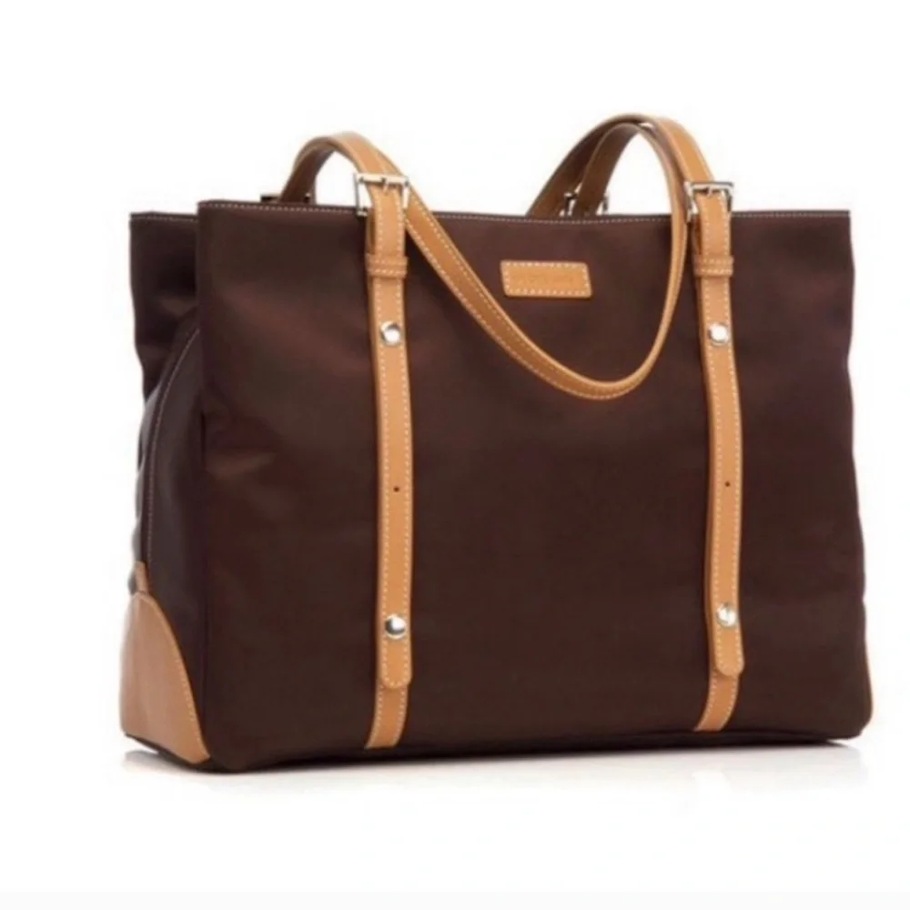 Storksak “Gigi” bag in chocolate with leather straps in cream